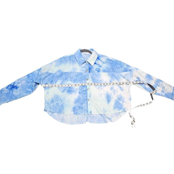 Tie-Dye Blue & White Corduroy Button-Up Crop Jacket With Frayed Hem Medium By - Picture 9 of 9